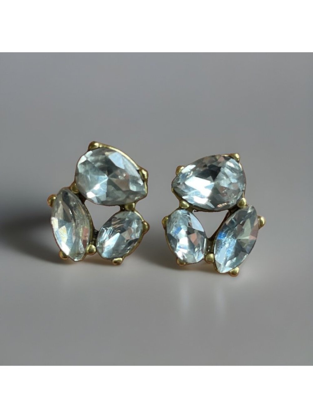Signed J Crew Clear Crystal Trio Stud Earrings